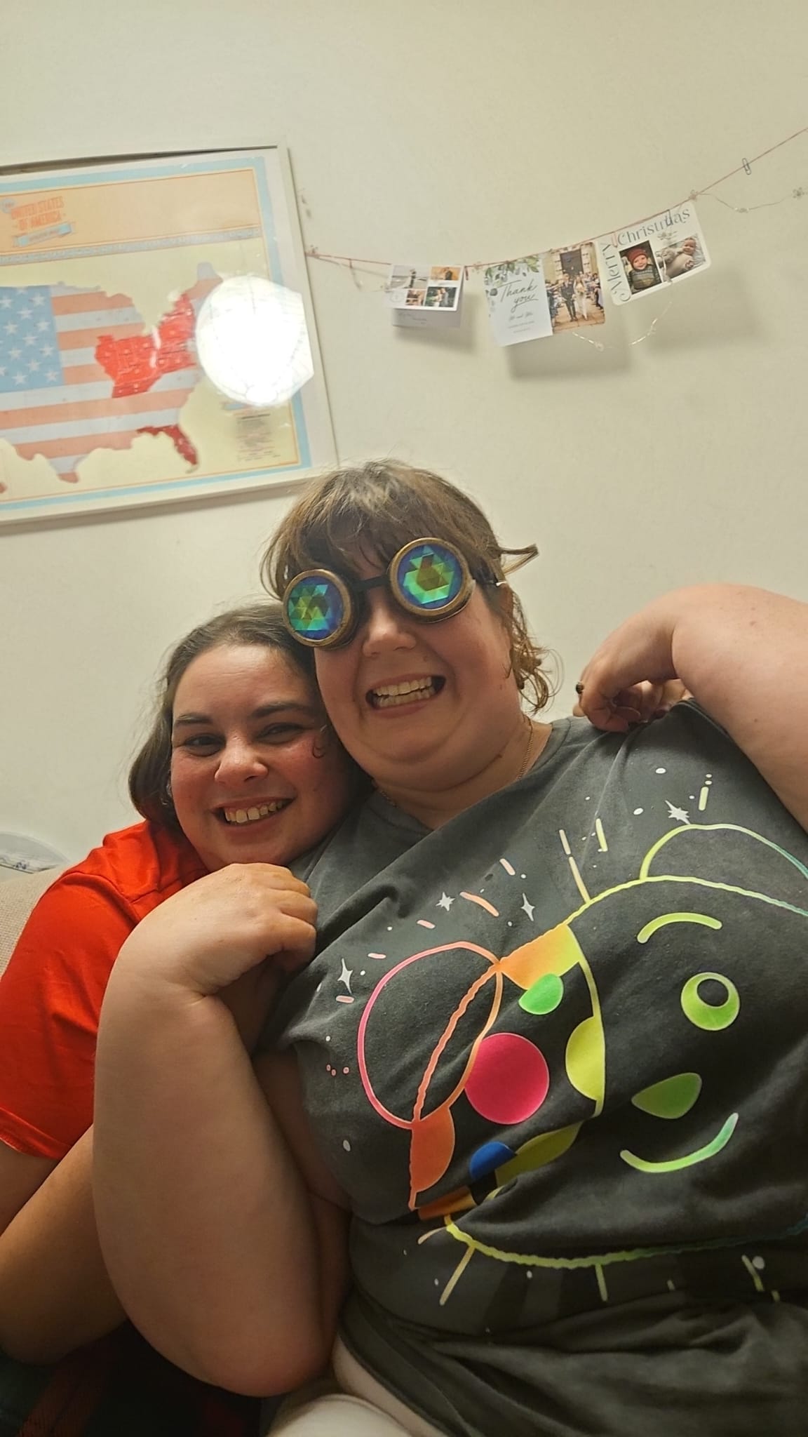 Nathalie and Sarah having fun with colourful goggles