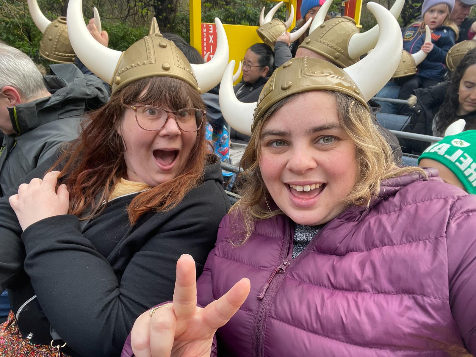 Nathalie and Sarah wearing Viking hats