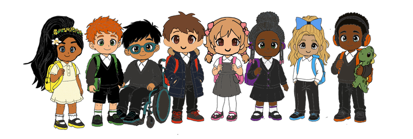Milo, Poppy and friends in school uniform